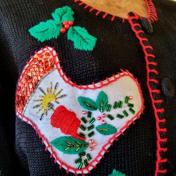 Vintage Christmas Cardigan Sweater With Embroidered Stockings & Holly - Picture 5 of 16